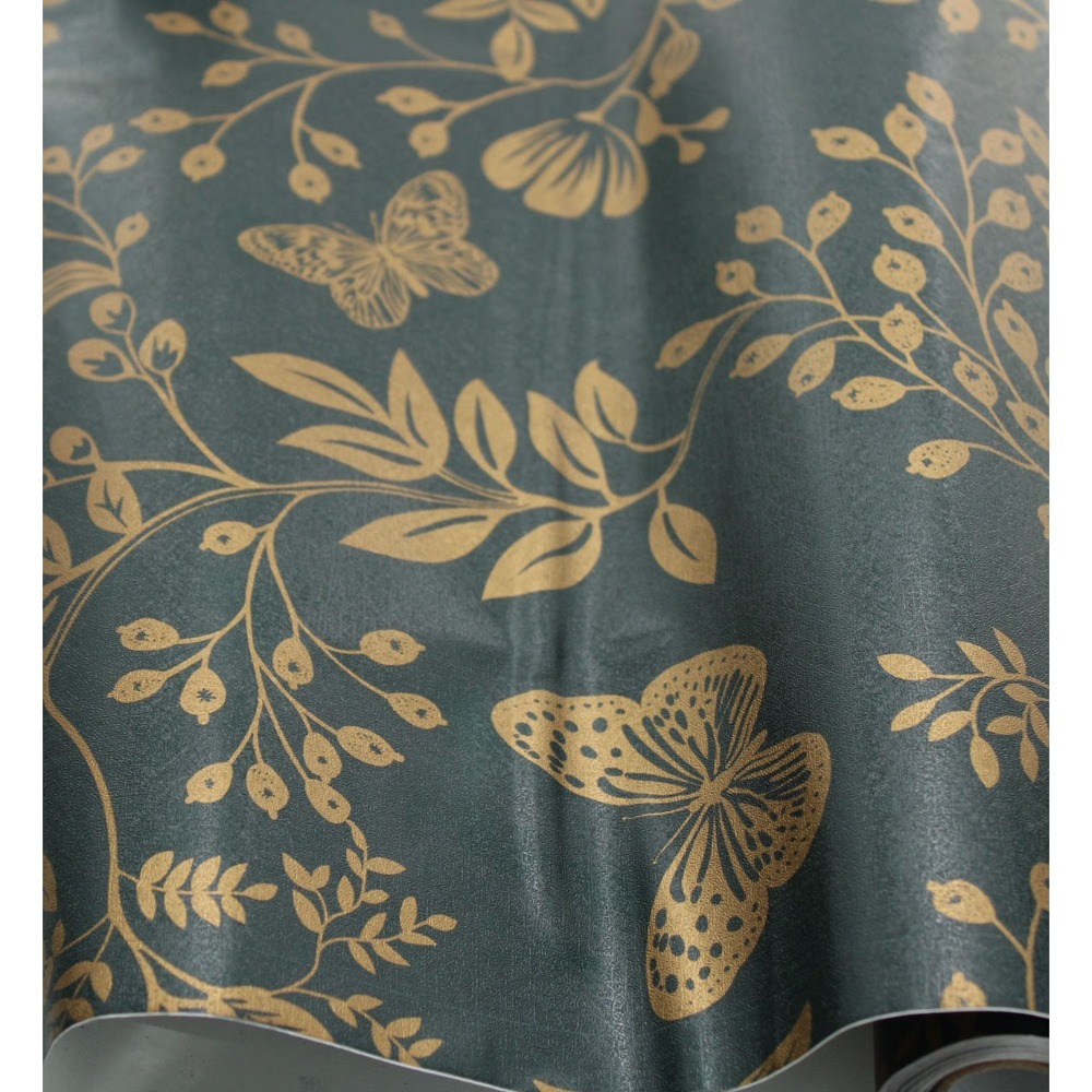 Green and Gold Butterfly Botanical Peel and Stick Wallpaper Roll 17.75in x 9.5ft